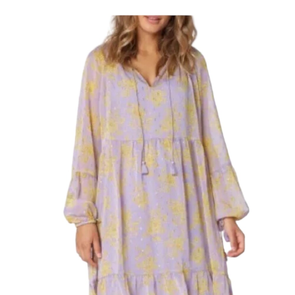 ILSE JACOBSEN Pale Lilac Purple Yellow Mini Dress Floral Size 38 US 10 Large